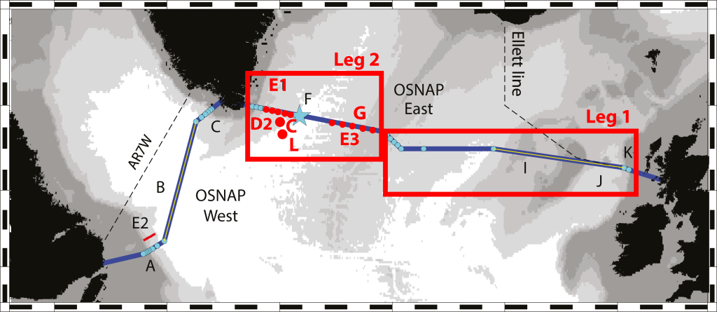 : Leg 2 will service 12 moorings: G: the Dutch moorings, D2: British moorings, C: German mooring,  L: Dutch profiling mooring, and E1 and E3: RAFOS float deployments