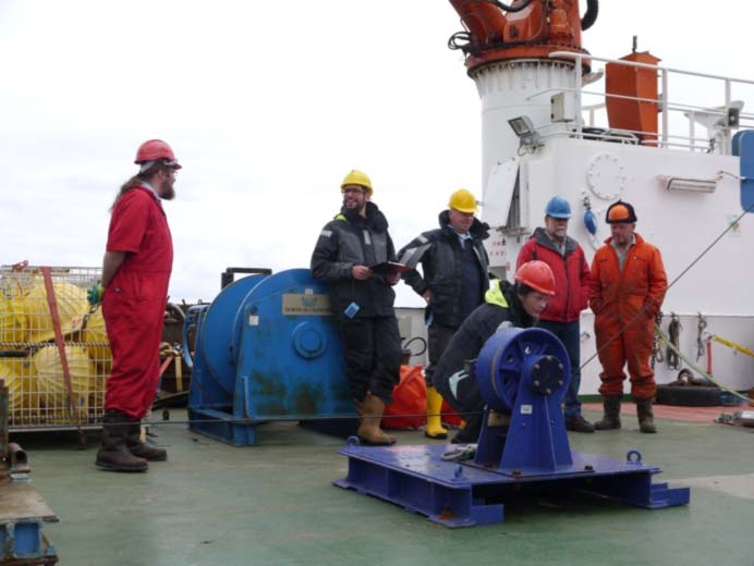 Part of the SAMS team (from left to right: myself, Stuart, Estelle, John) during recovery of one of the SAMS mooring, with Zlotan (a.k.a IT guru) and Mark (blue helmet)