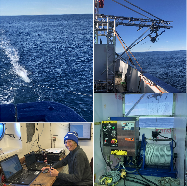 This figure has four panels. (1)The Moving Vessel Profiler (MVP) is attached to a rope and is pulled back to the ocean surface after its free-fall. (2) A metallic structure holds the rope of the MVP. (3) Hannah is looking at a monitor that shows the depth and other parameters of the MVP. (4) The rope is automatically pulled up after its free-fall on this spool.