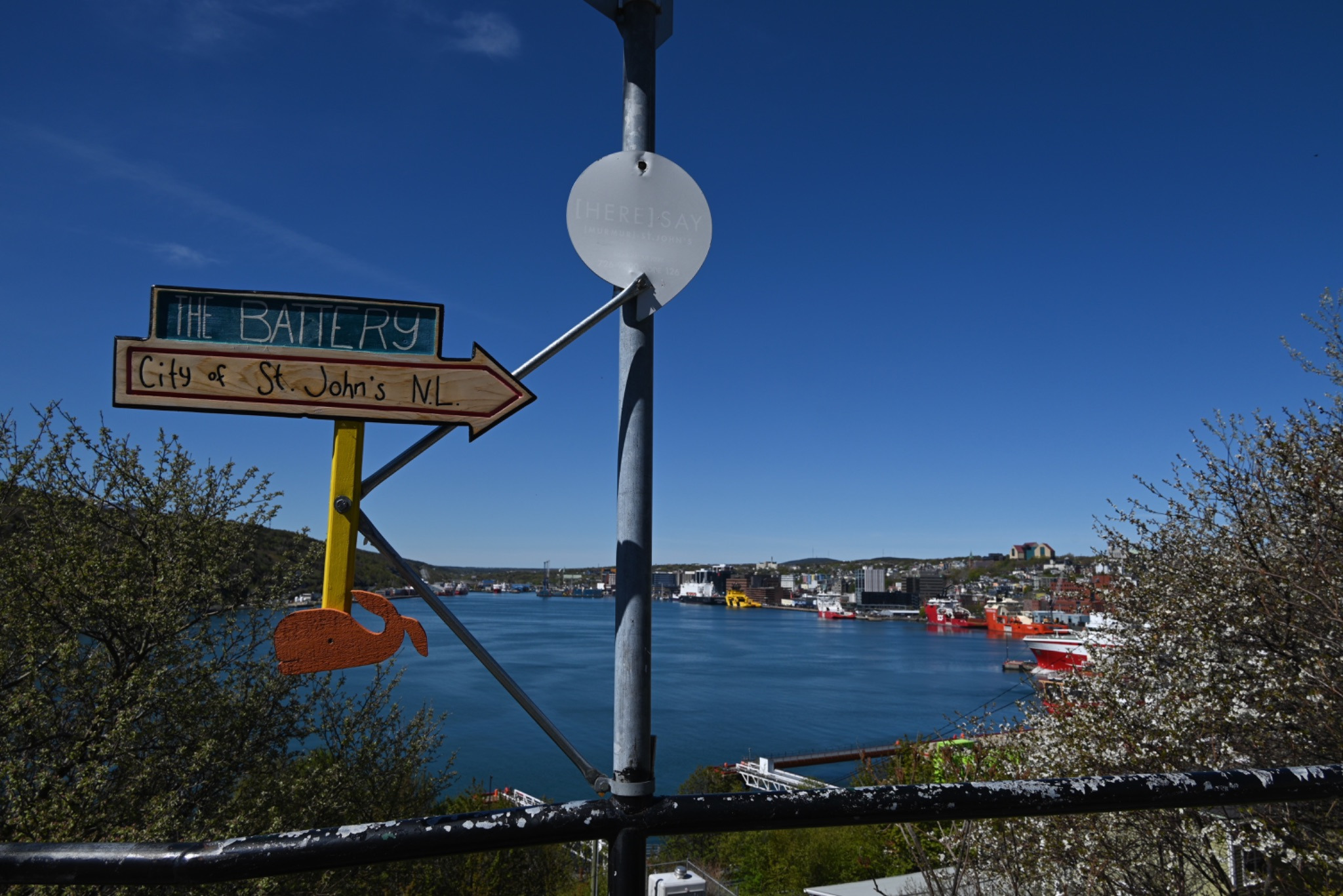 In the foreground is a sign that says "The Battery" and underneath it says "City of St. John's NL" with an arrow pointing to the right. In the background in the harbor. There are ships lined up along the right side, mostly red and white. The skies are clear and bright blue.